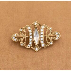 Vintage Victorian Faux Diamond Rhinestones Gold Tone Symbolic Brooch - Y2